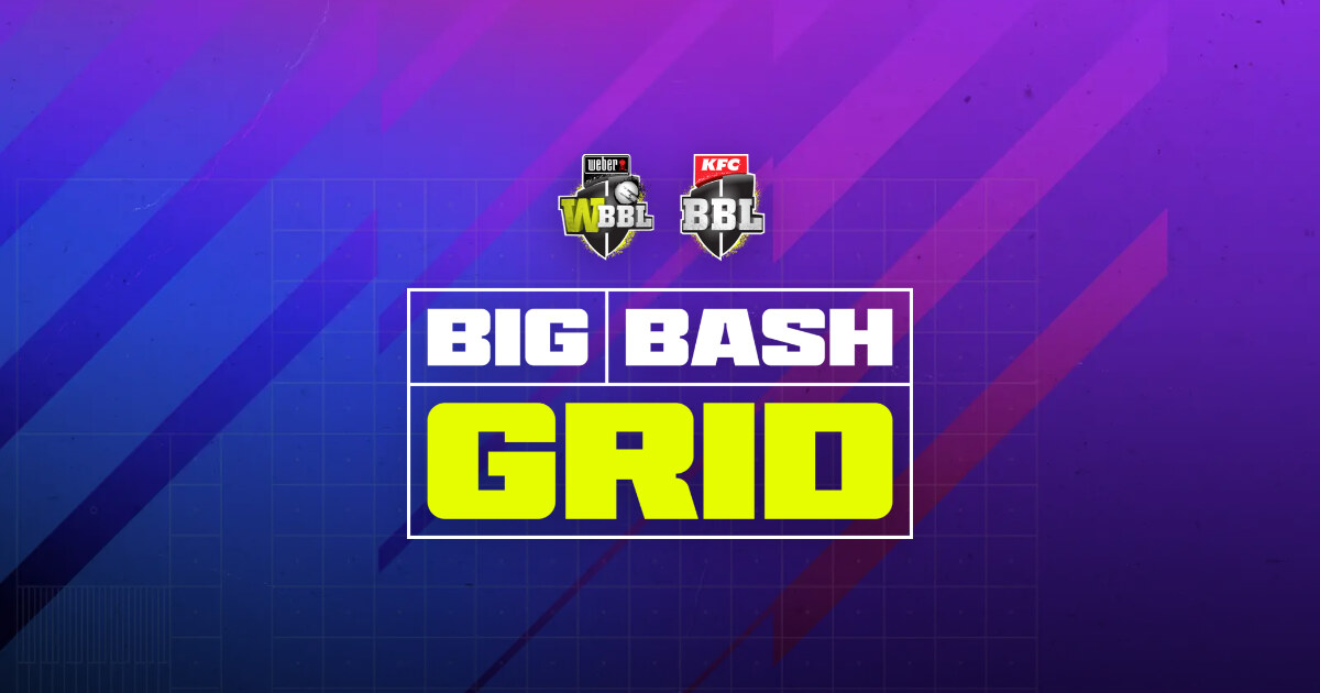 Big Bash Grid logo in neon yellow on violet, with the WBBL and BBL badges