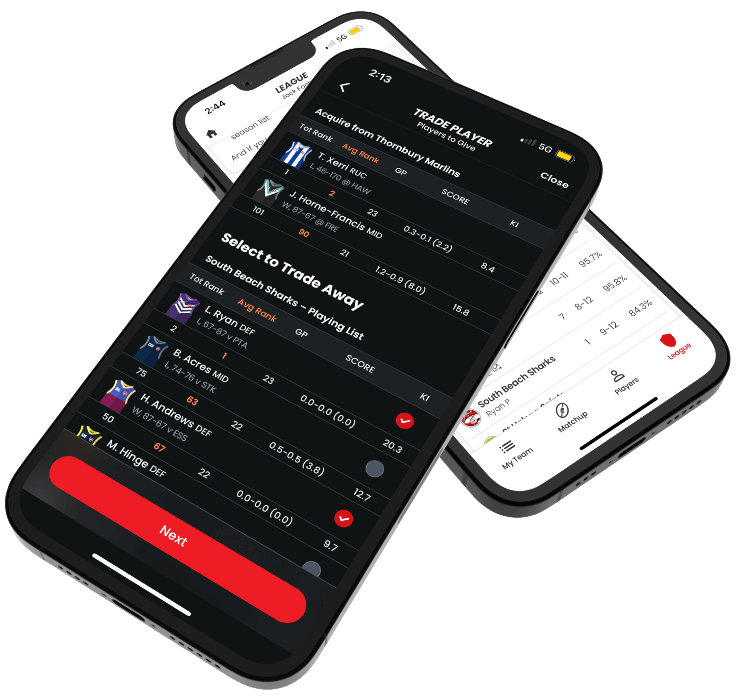 Two phones showing Keeper Fantasy: a player trade screen and a league ladder