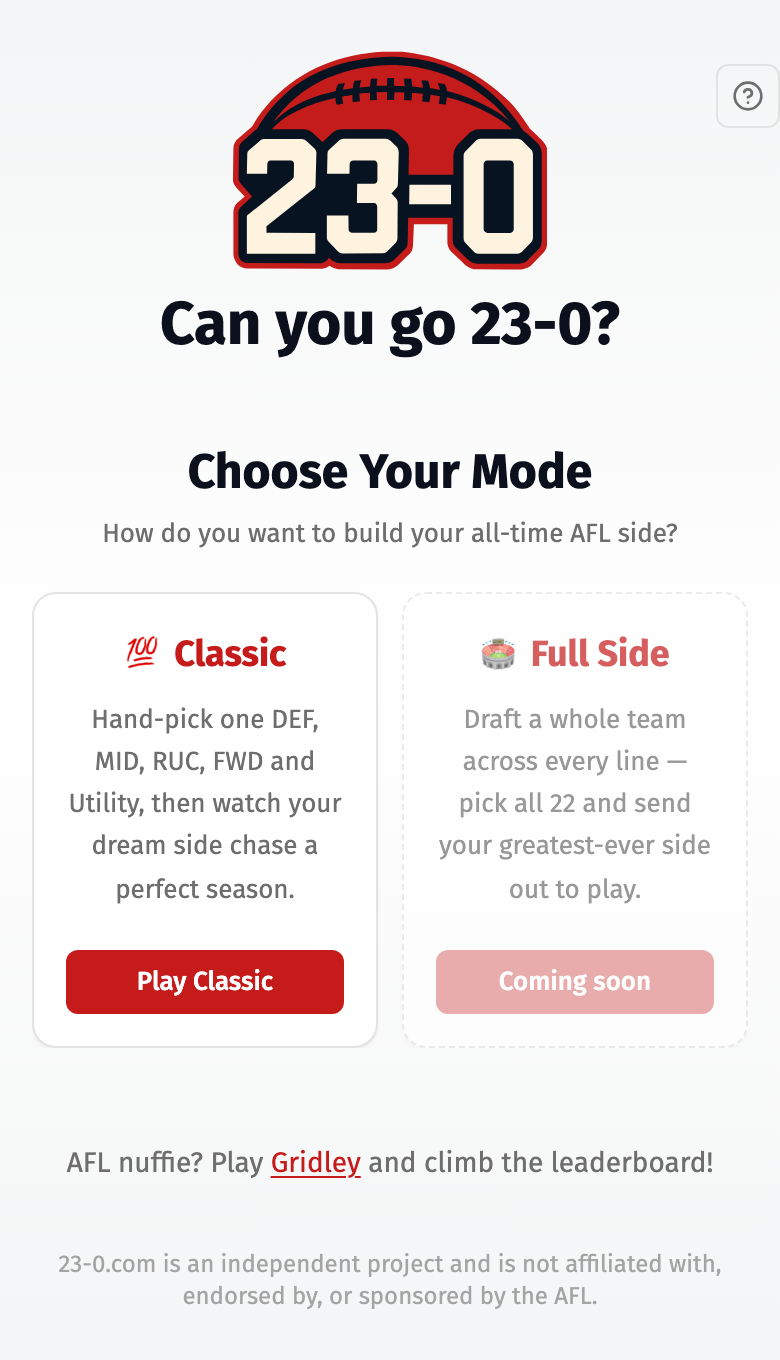 23-0 on a phone: the logo, the line "Can you go 23-0?" and a choice of game modes